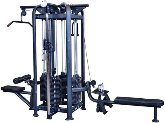 Multi-station gym machine with weight stacks and pulleys for strength training.
