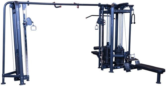 Multi-functional gym cable machine with pulleys and weight stacks.