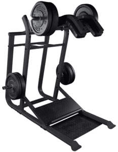 Weightlifting machine with multiple weight plates.