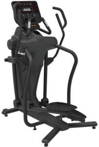 Compact black elliptical trainer with sturdy handles and foot pedals.