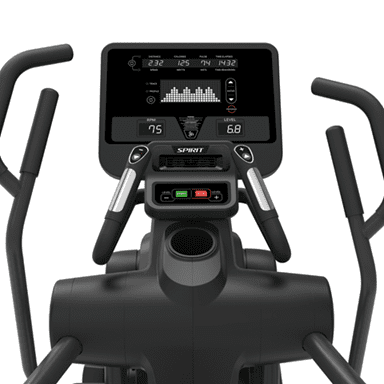 Compact black elliptical trainer with sturdy handles and foot pedals.