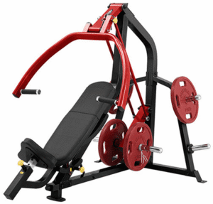 Multi-function home gym equipment with weight plates and adjustable bench.