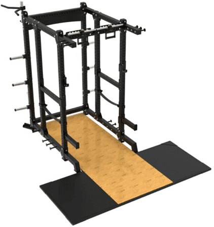 A black power rack with wooden lifting platform and mats.