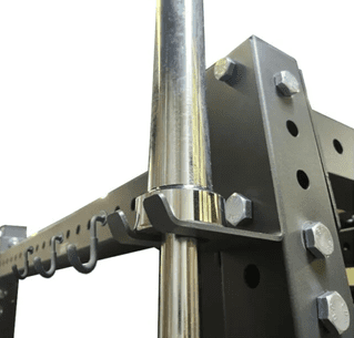 Close-up of a metal clamp securing a vertical rod to a metal frame.