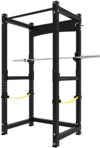 A black power rack with adjustable safety bars and support hooks for weightlifting.