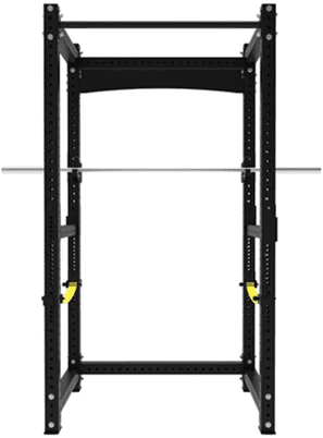 A black power rack with safety bars and adjustable hooks for weightlifting.