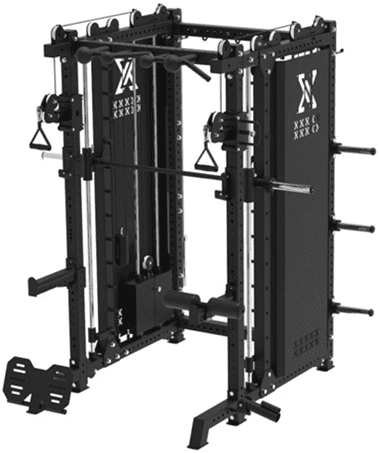 Multi-functional black gym machine with pulleys, weights, and bars for strength training.