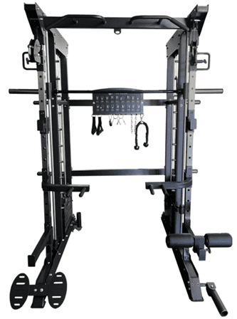 A versatile gym machine with weights and a pull-up bar for strength training.