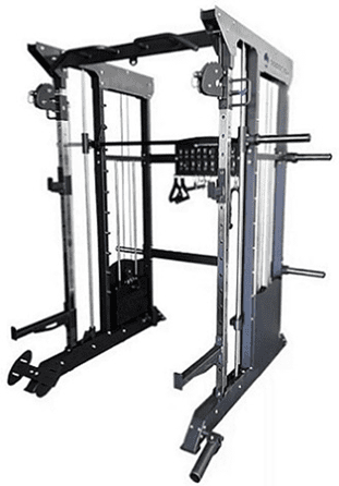 A multi-functional gym machine with pulleys and weight stacks.