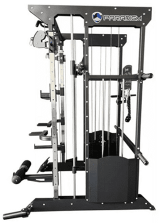 A compact multi-gym workout machine with pulleys and cables for strength training.