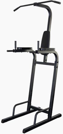 Close-up of a black metal exercise dip station frame.