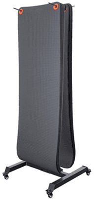 Yoga mats on a wheeled storage rack.