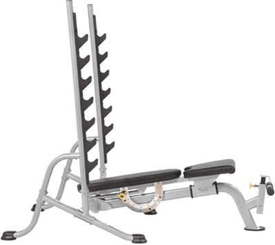 Adjustable incline weight bench with barbell and weight plates.