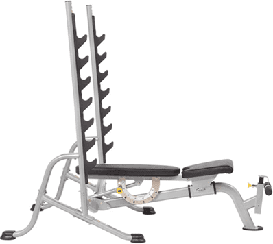 Adjustable incline weight bench with barbell and weight plates.