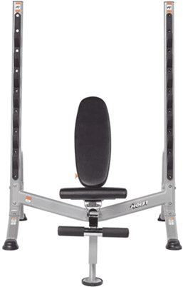 Adjustable incline weight bench with barbell and weight plates.