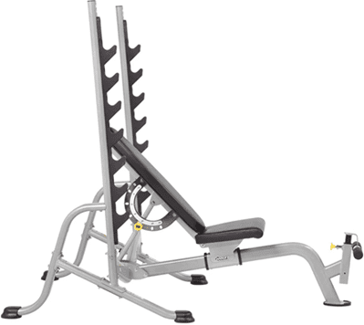 Adjustable incline weight bench with barbell and weight plates.