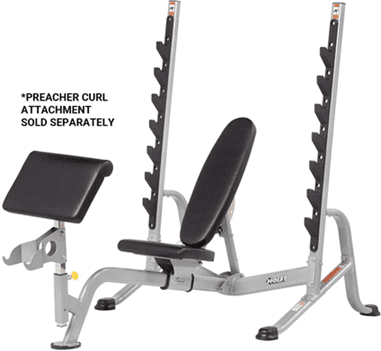 Adjustable incline weight bench with barbell and weight plates.
