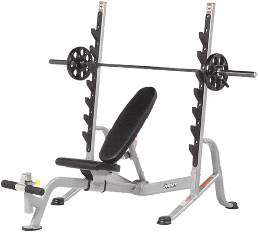 Adjustable incline weight bench with barbell and weight plates.