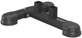 Black plastic pipe fitting with two square vertical outlets.