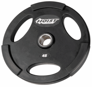 Black 45-pound weight plate with handles.