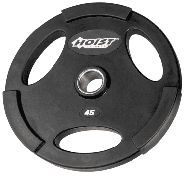 Black 45-pound weight plate with handles.