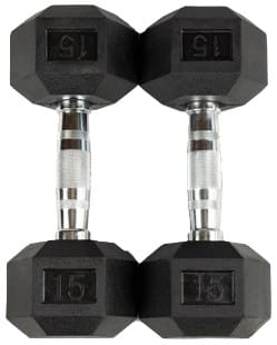 Pair of 15-pound hex dumbbells with chrome handles.