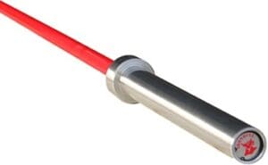 Red and silver weightlifting barbell close-up.