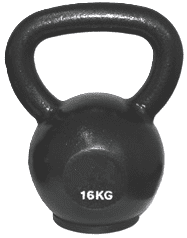 A 16-kilogram black kettlebell for strength training.