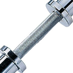Close-up of a chrome dumbbell handle with textured grip.