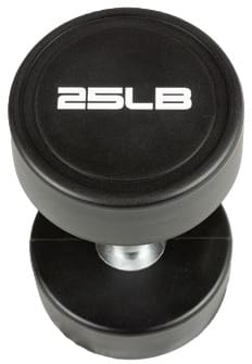 A 25-pound black dumbbell with a white weight label.