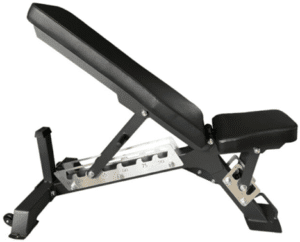 Adjustable black workout bench with padded seat and backrest.