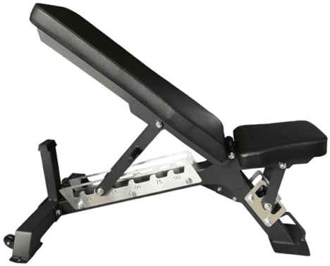 Adjustable black workout bench with padded seat and backrest.
