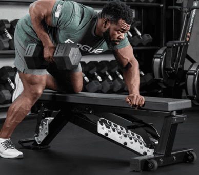 Adjustable weight bench with padded seat and backrest.