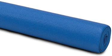 Blue rolled yoga mat on white background.