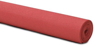Red rolled yoga mat on white background.