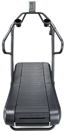 Close-up of a black treadmill running belt and handles.