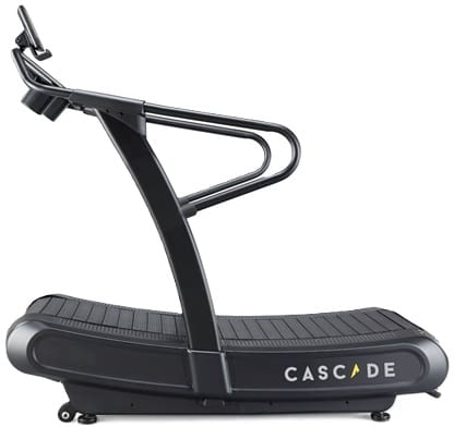 Side view of a black Cascade treadmill with a sleek design.
