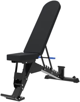 Adjustable workout bench with black padding and metal frame.