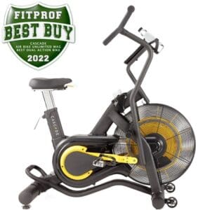 Indoor stationary exercise bike with digital display and yellow accents.