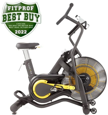 Indoor stationary exercise bike with digital display and yellow accents.