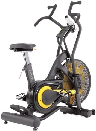 A stationary exercise bike with a modern design and yellow accents.