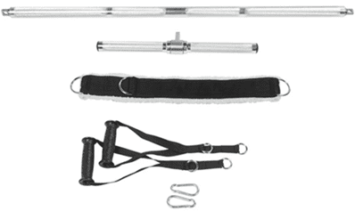 Black resistance band with handles and ankle strap for exercise.