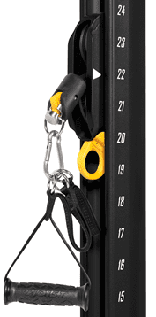 Close-up of adjustable gym straps with metal carabiner and numbered height settings.