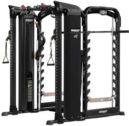 Multi-functional gym machine with cables, pulleys, and barbell rack for diverse workouts.