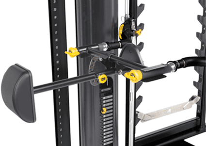 Close-up of a cable machine weight stack with adjustable pin and handles.