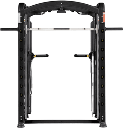 Black power rack weightlifting equipment with barbell and safety bars.