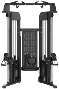 Dual cable strength training machine with adjustable settings.