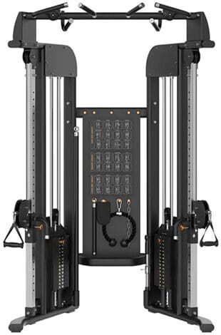 Dual cable strength training machine with adjustable settings.
