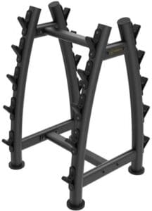 Black weight plate storage rack with multiple slots.