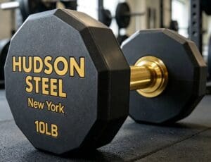 Black octagonal dumbbell with gold lettering.